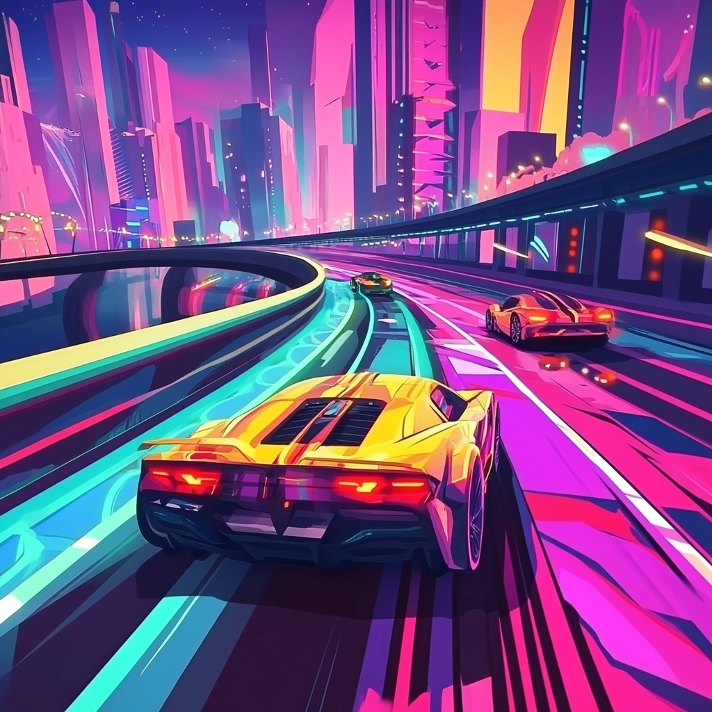 Colorful cars racing through city with neon skyscrapers.