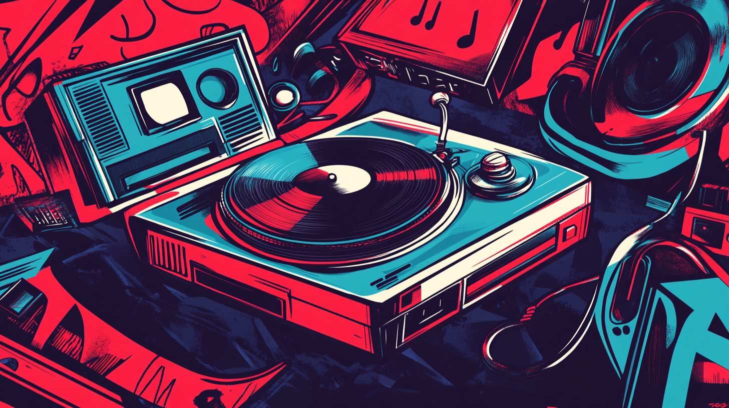 Colorful illustration of urban music scene with hip-hop theme.