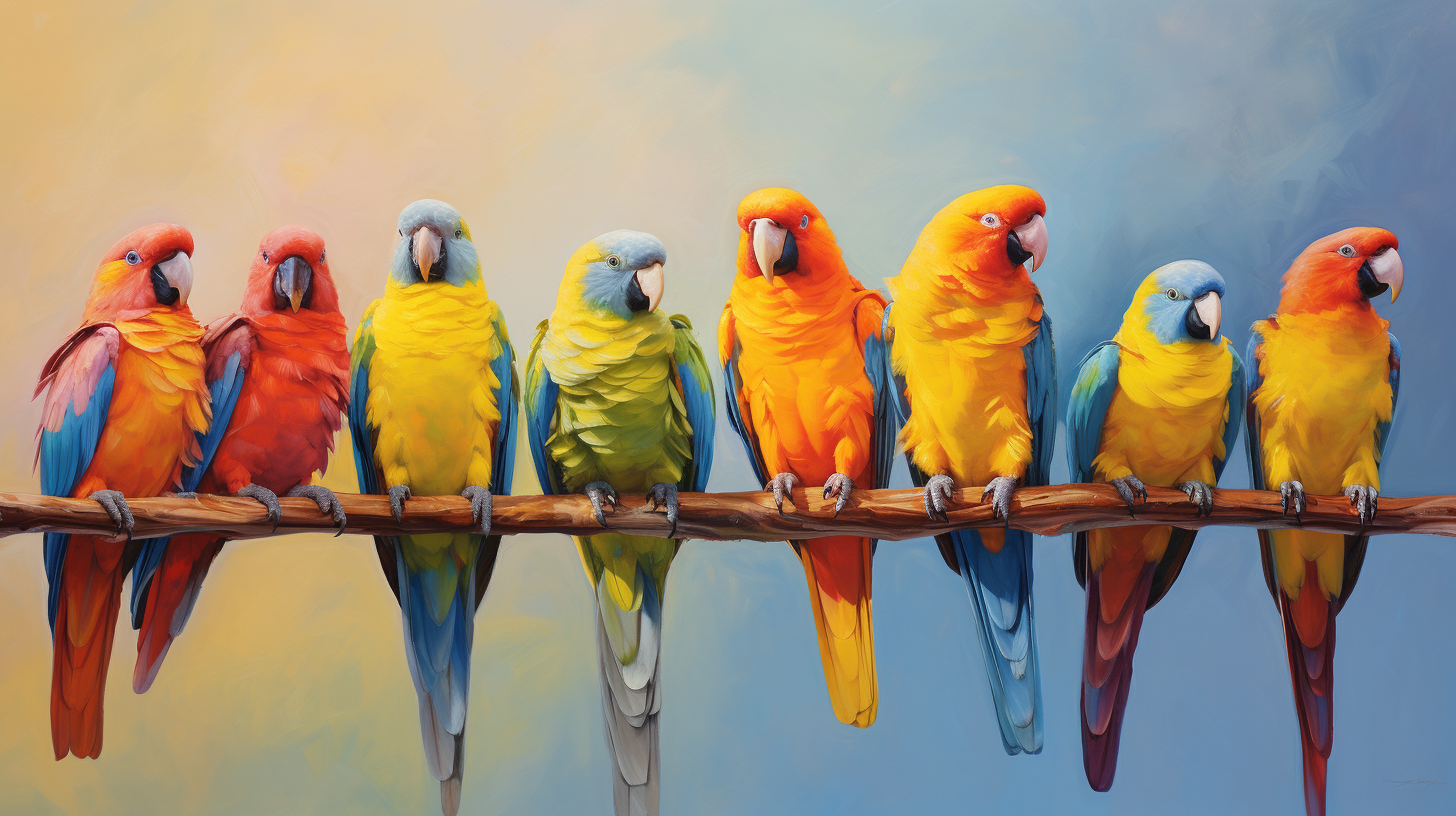 Colorful parrots on branch with pastel sky background, textured.