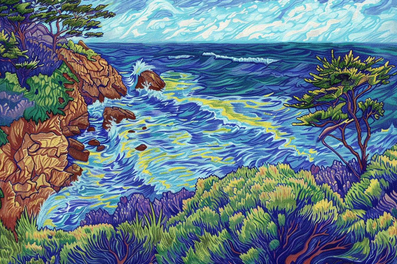 Colorful sketch of coastal scene with bold lines, vibrant colors.