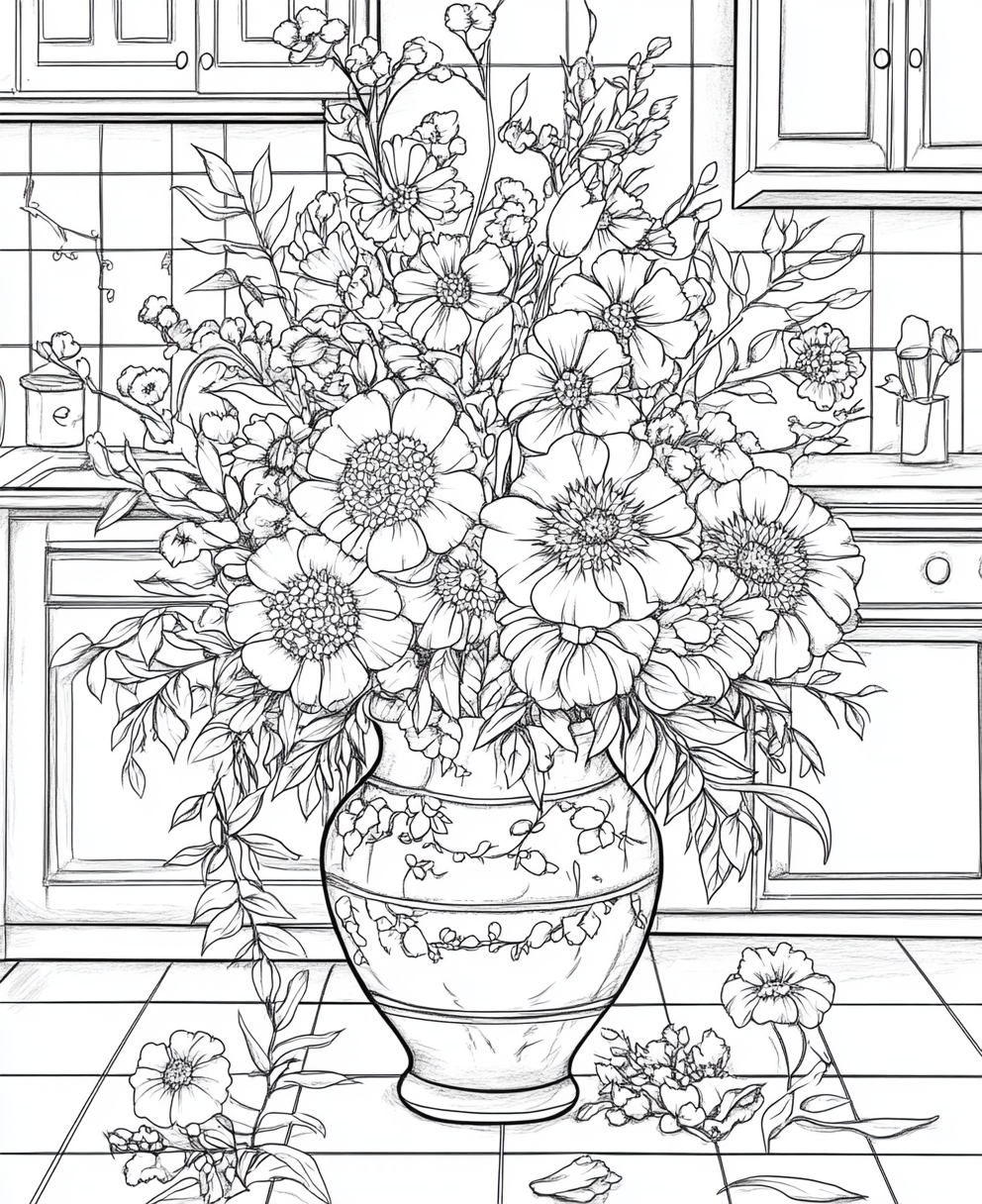 Coloring page with floral bouquet on ceramic vase.