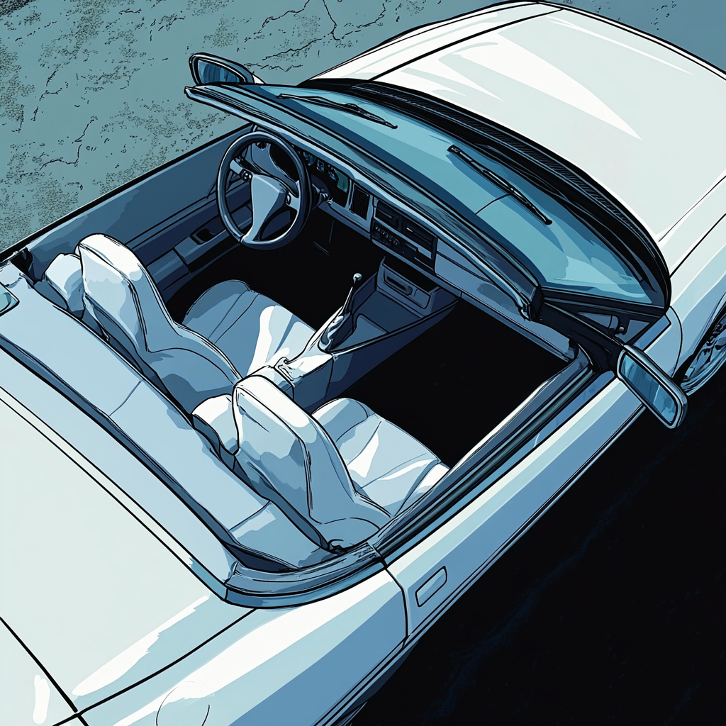 Comic-style white Honda illustration, seat open, midnight view.