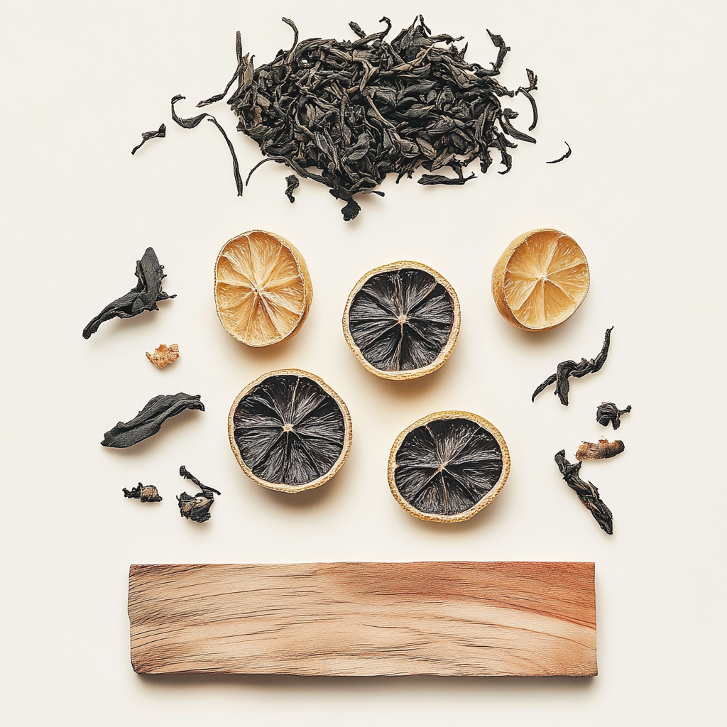 Composition of black tea, lemon, and wood for candles.