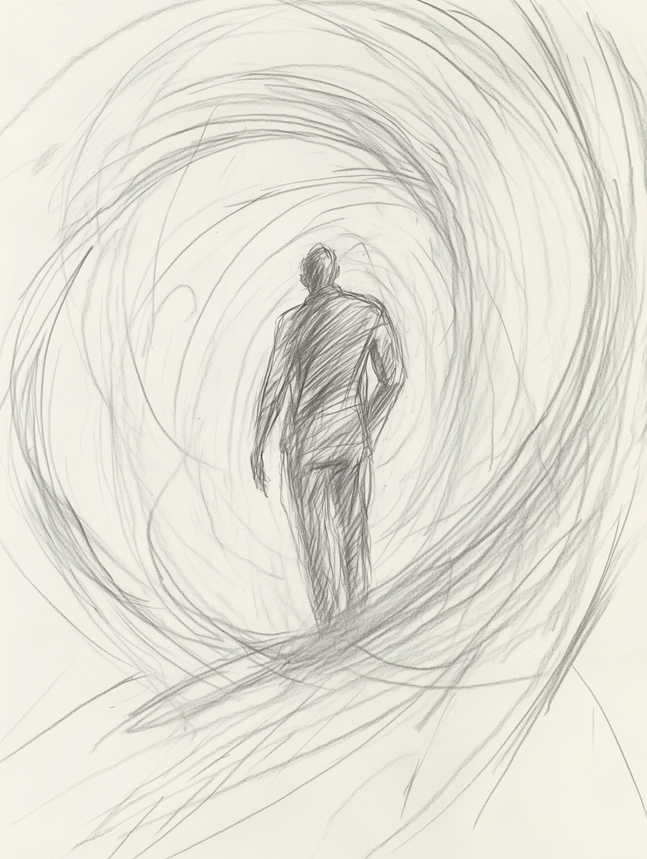 Confident Figure in Chaotic World Sketch