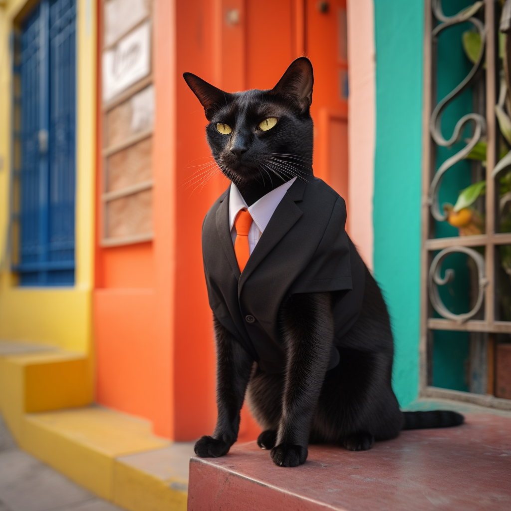 Confident black cat on colorful Venezuelan street, professional style.