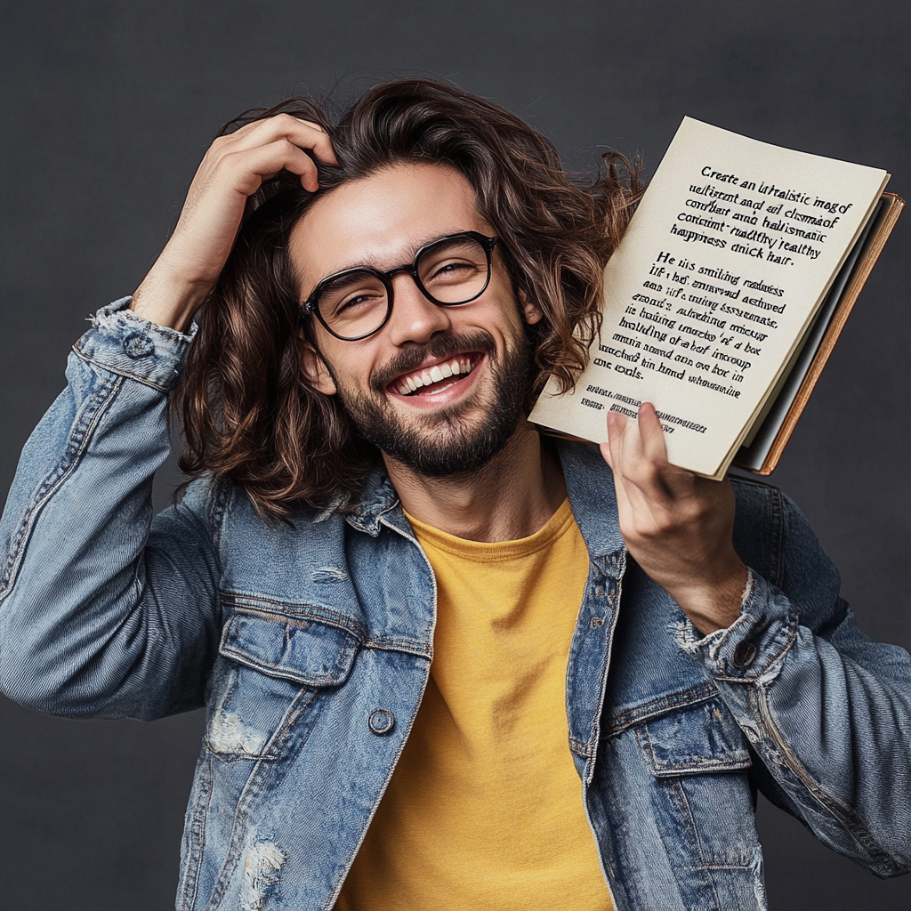 Confident man with perfect hair, smiling happily. Book mockup.