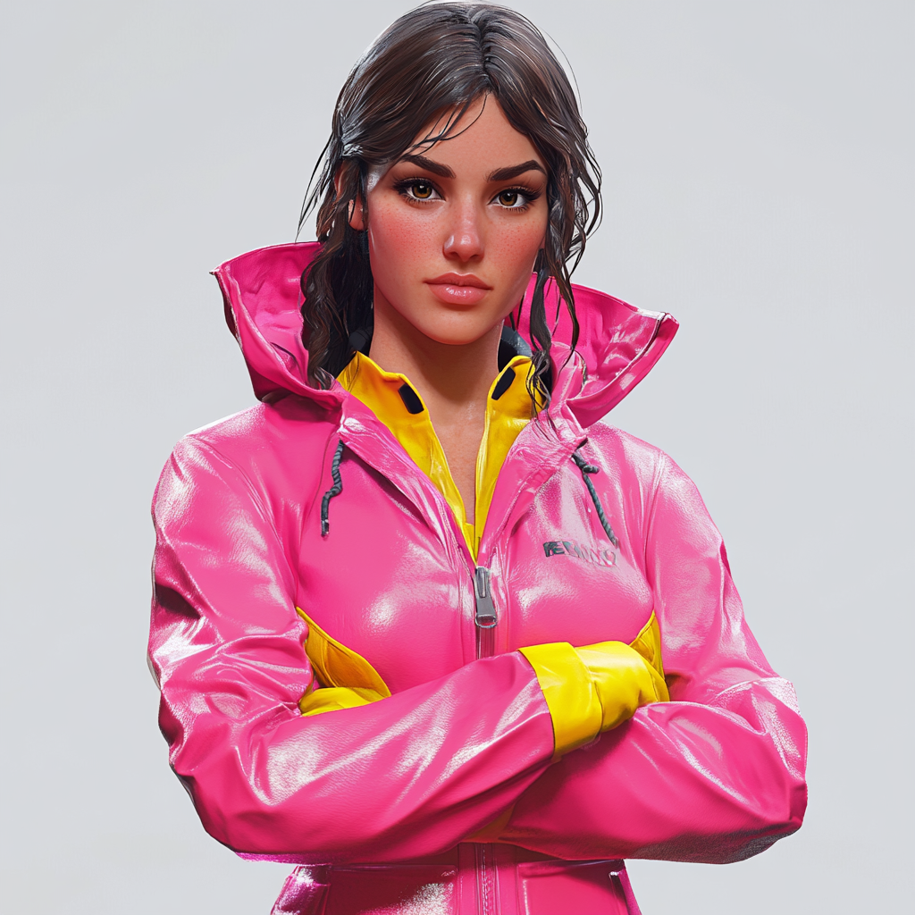 Confident woman in pink raincoat in attacking pose visualized.