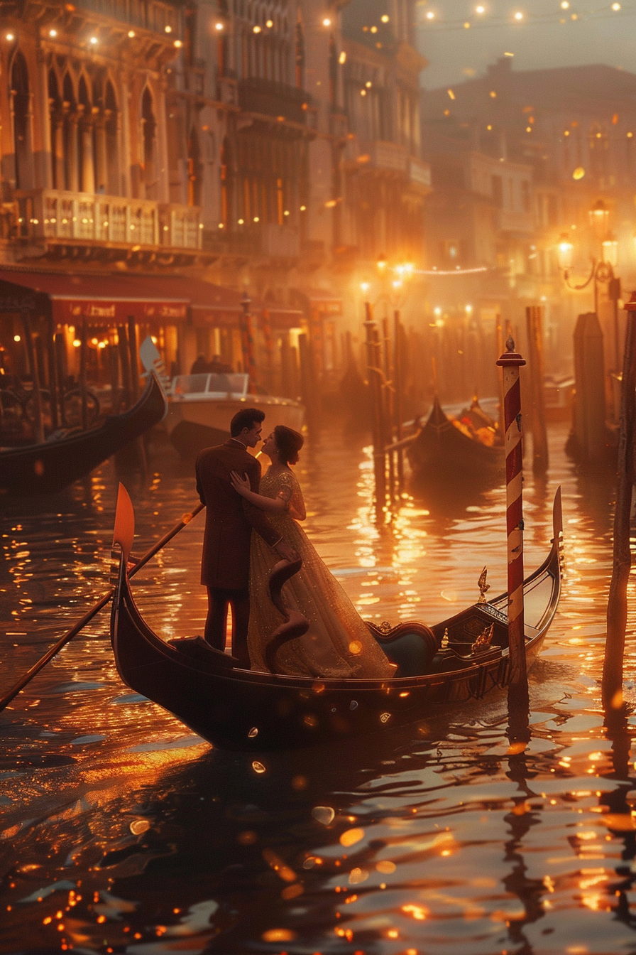 Couple in gondola, water reflecting lights, gazing affectionately.