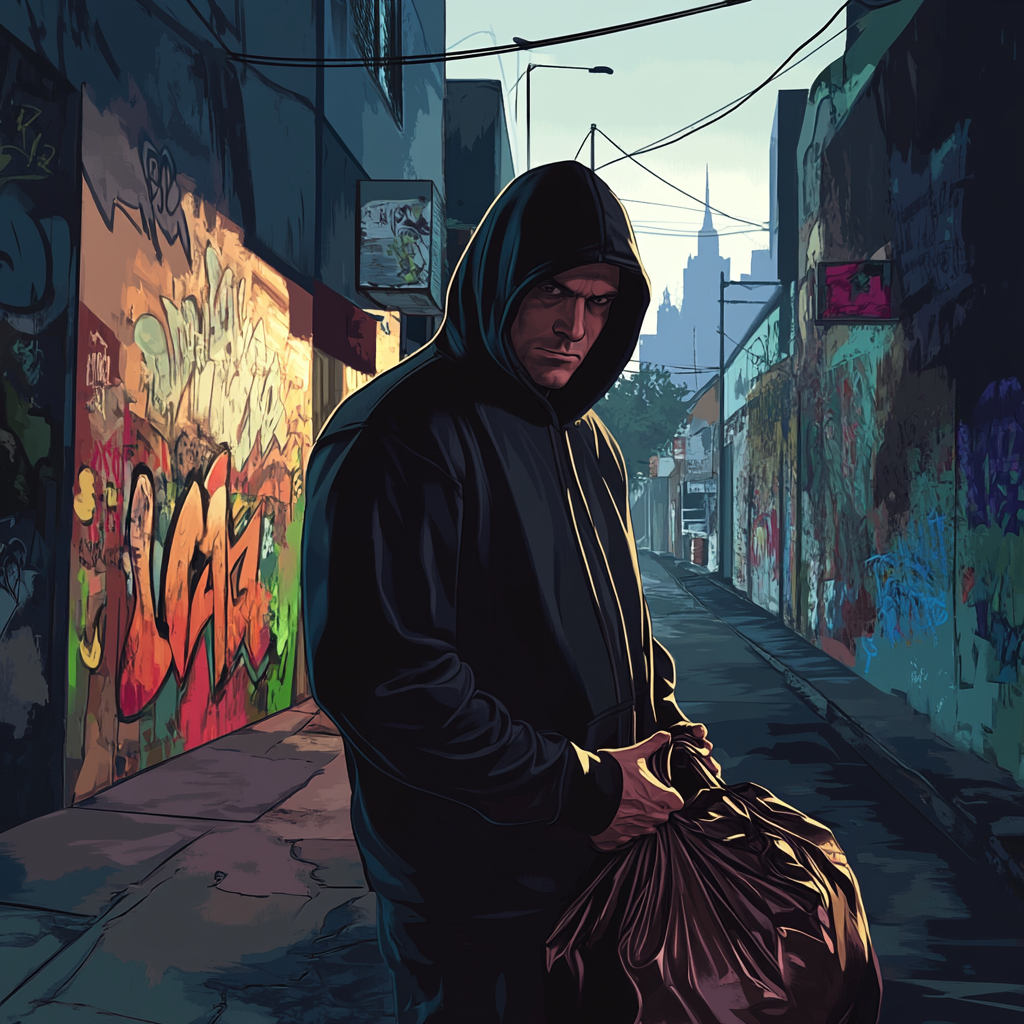 Criminal in hoodie navigating alley with stolen goods.