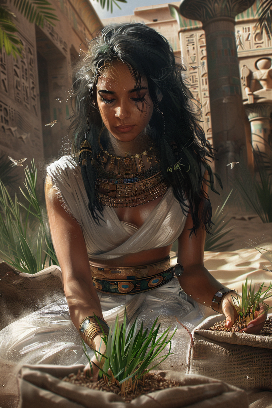 Curious ancient Egyptian woman with jewelry and white dress.