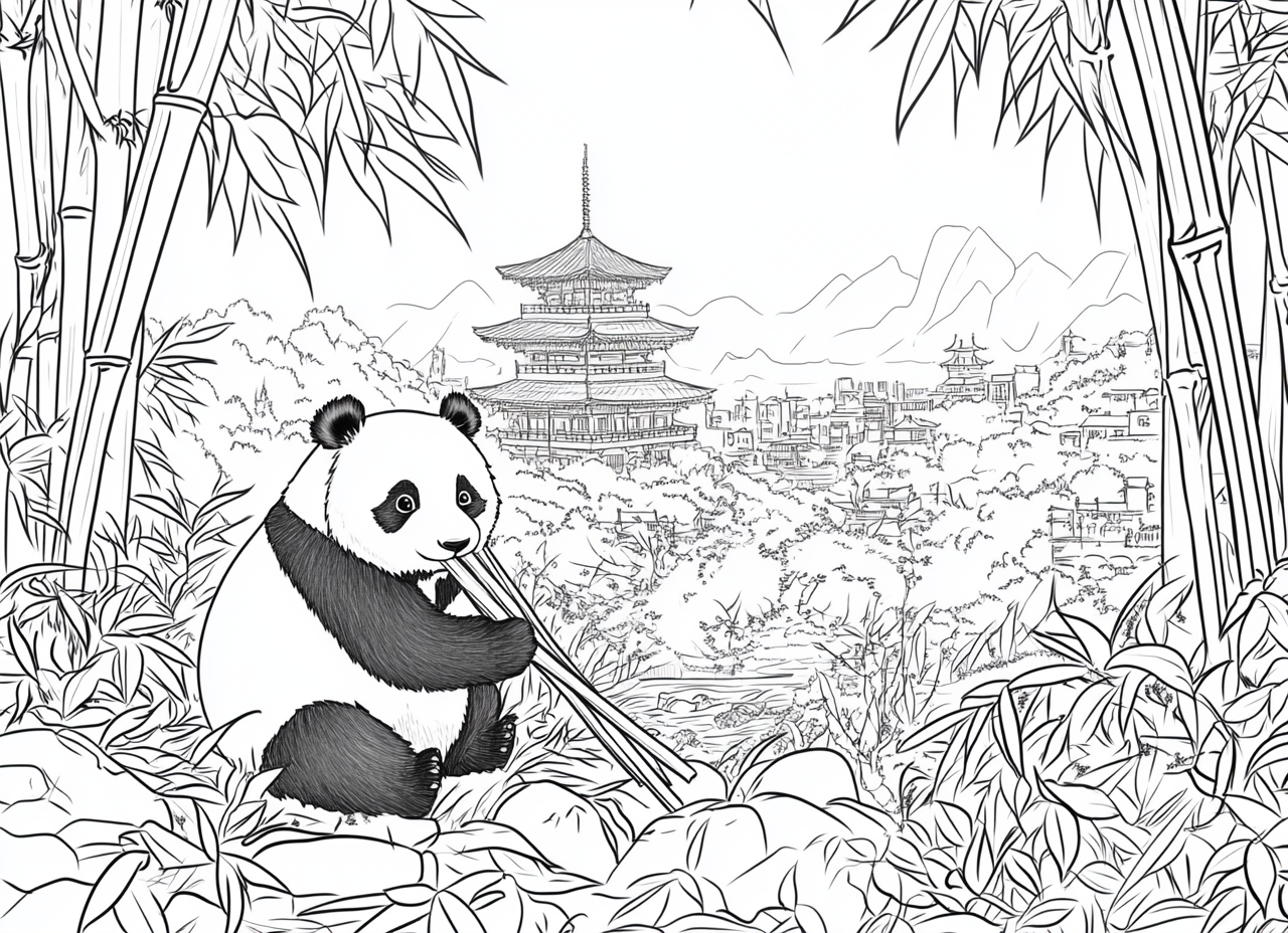 Cute panda eating bamboo in front of temple.