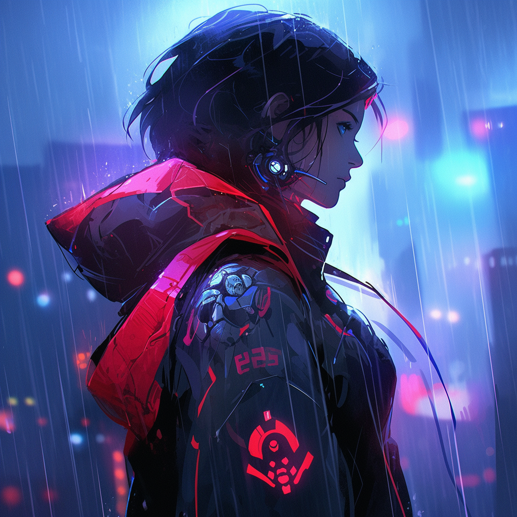 Cyborg girl in akatsuki clouds jacket in rain.