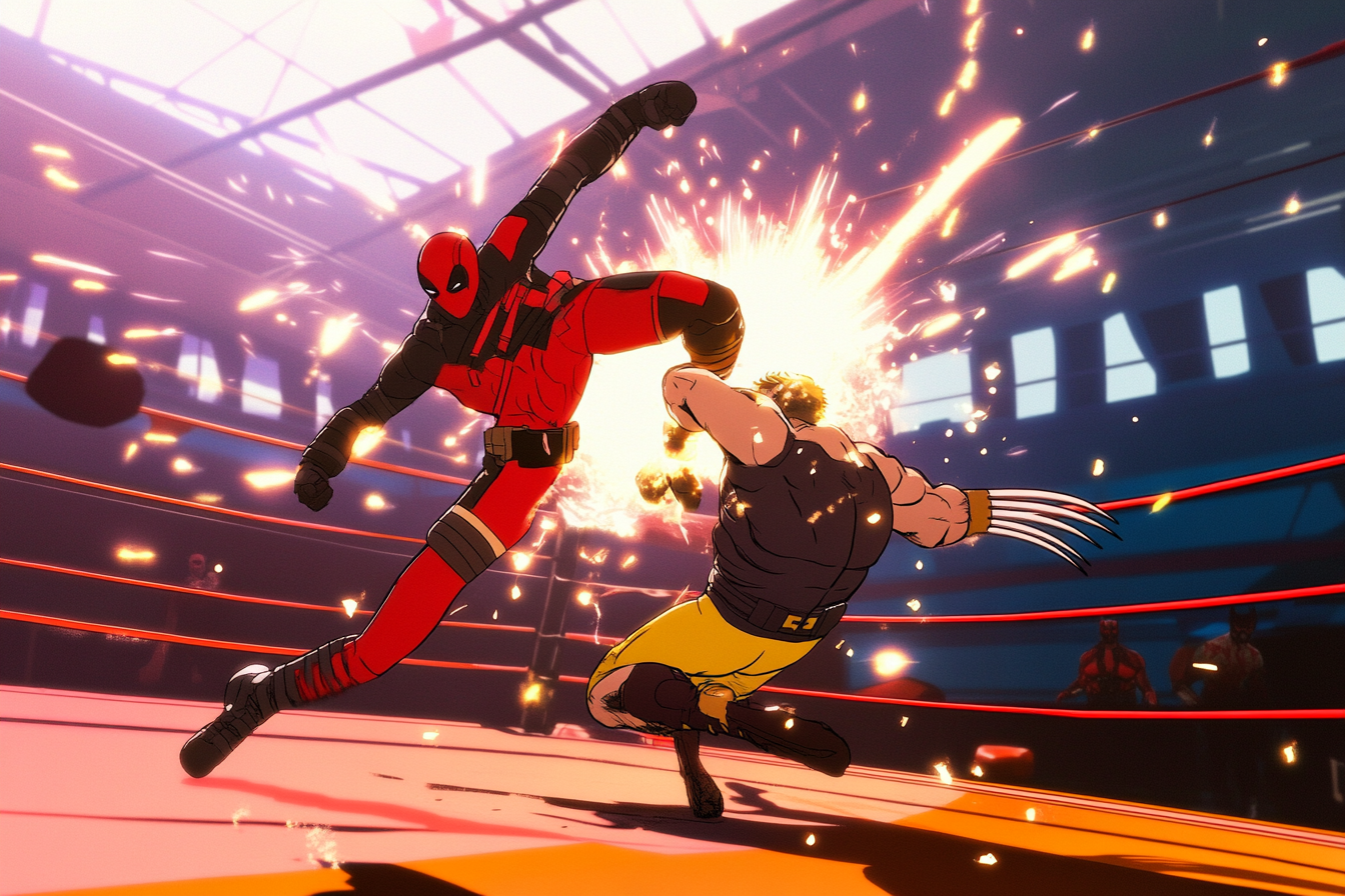 Deadpool kicks Wolverine with dynamic energy in animation scene.