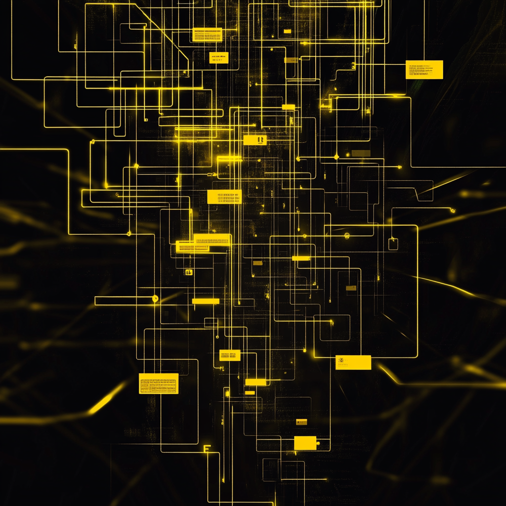 Decision flow chart in futuristic wireframe digital art style.