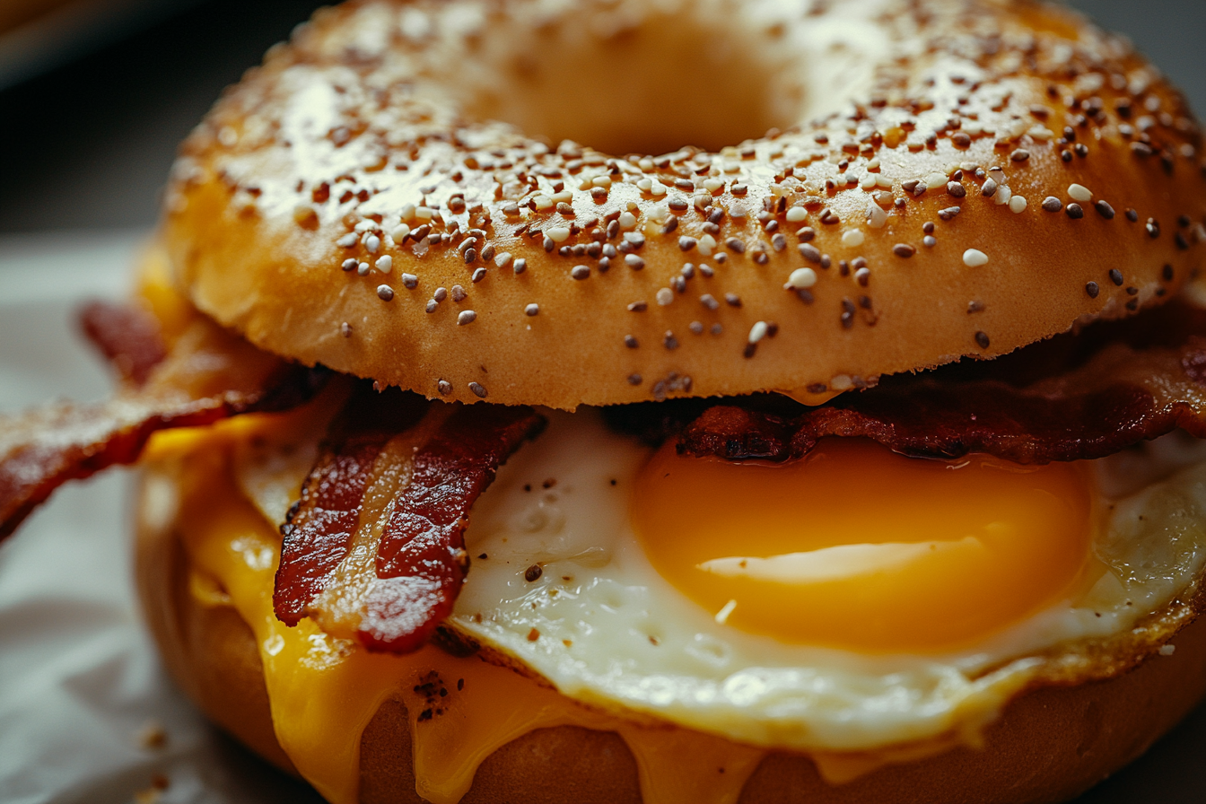 Delicious breakfast sandwich with egg, bacon, and cheese.