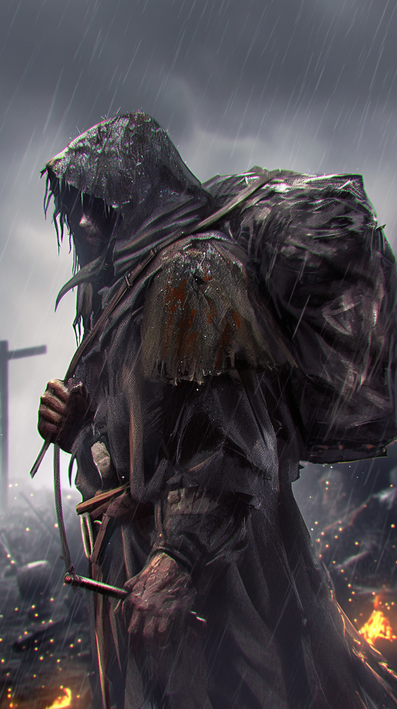 Derelict man with tattered coat in dark city setting.