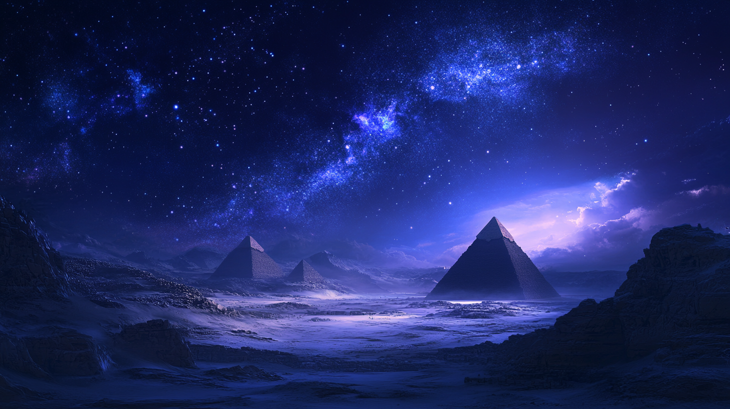 Desert oasis with pyramids in dark galaxy night sky.