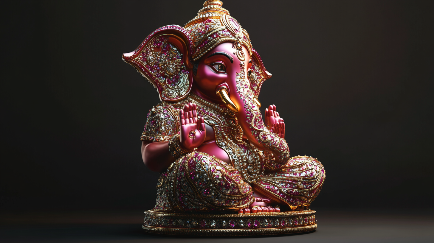 Detail-rich red ruby Ganpati idol in 8k resolution.