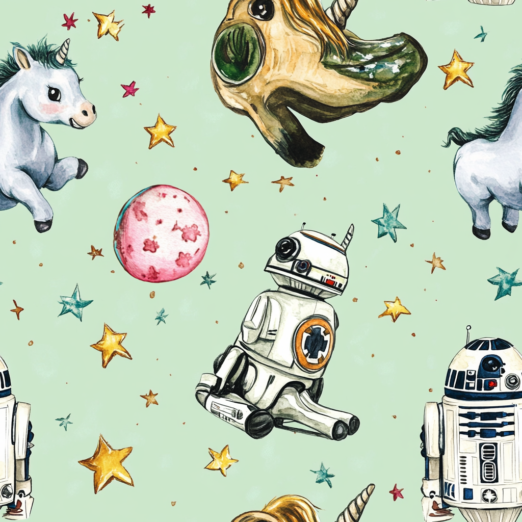 Detailed high-resolution Star Wars and unicorn children's book pattern.