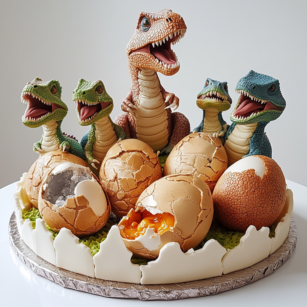 Dinosaur hatching from egg on birthday cake.