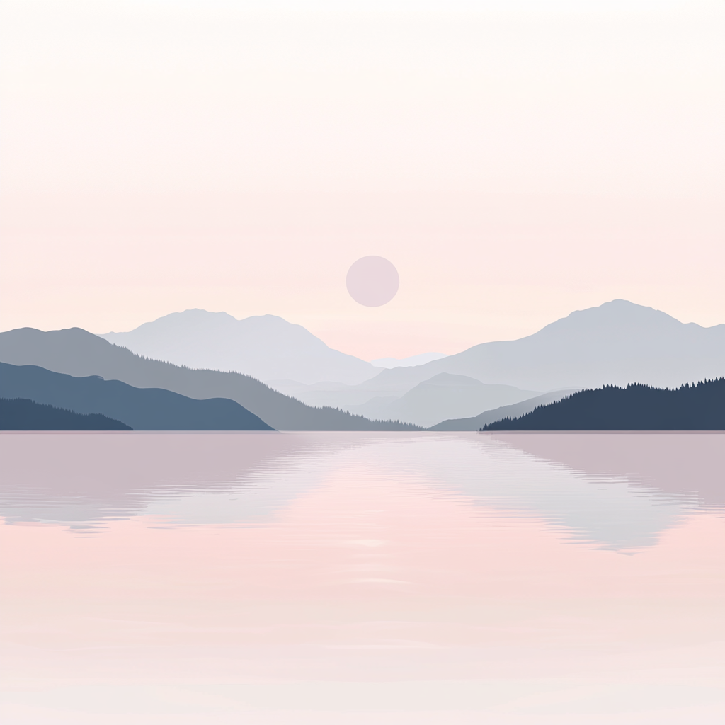 Distant mountains, peaceful water, reflections, light pink, relaxing Zen