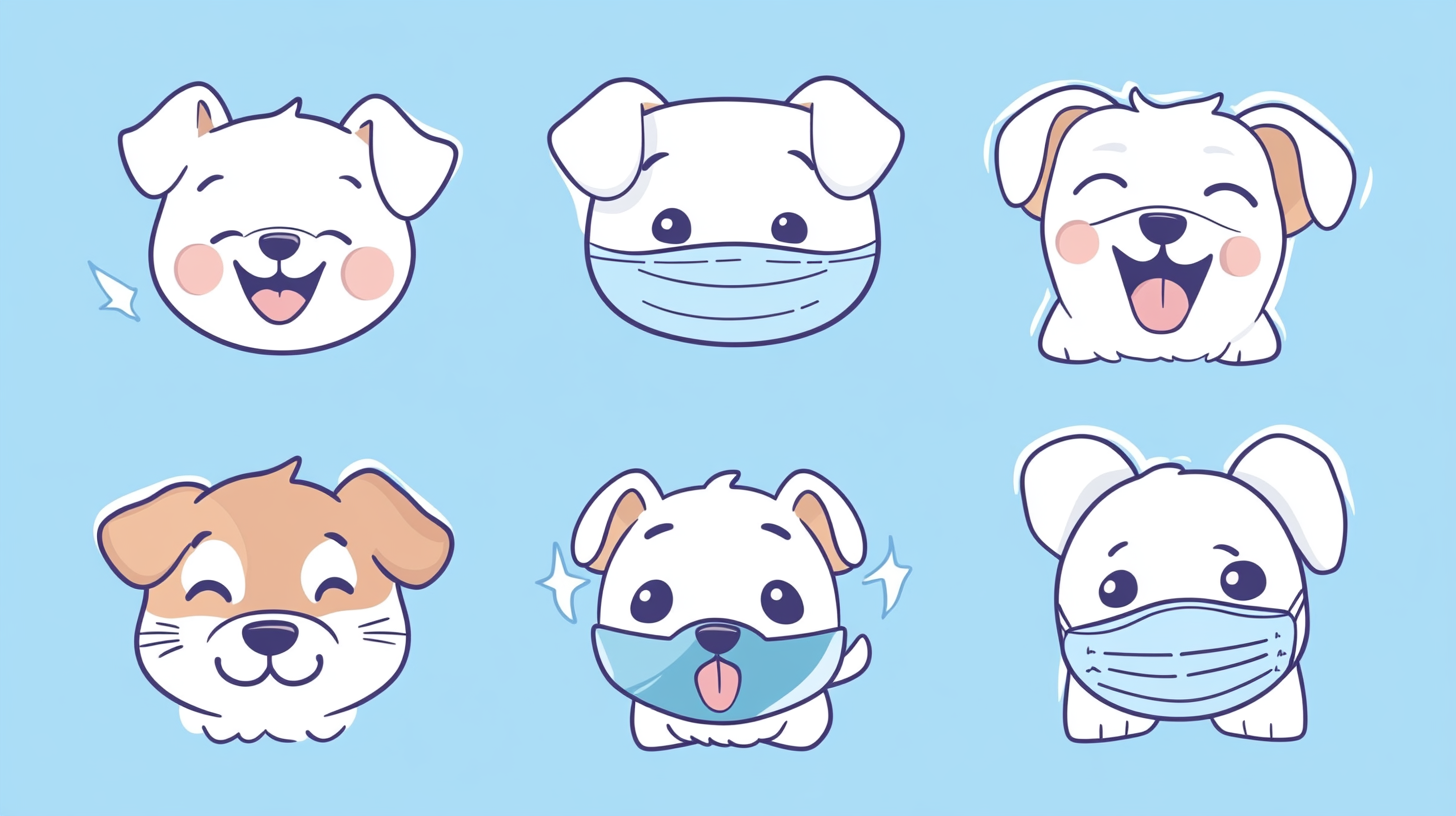 Dog stickers with expressions and mask in simple style.