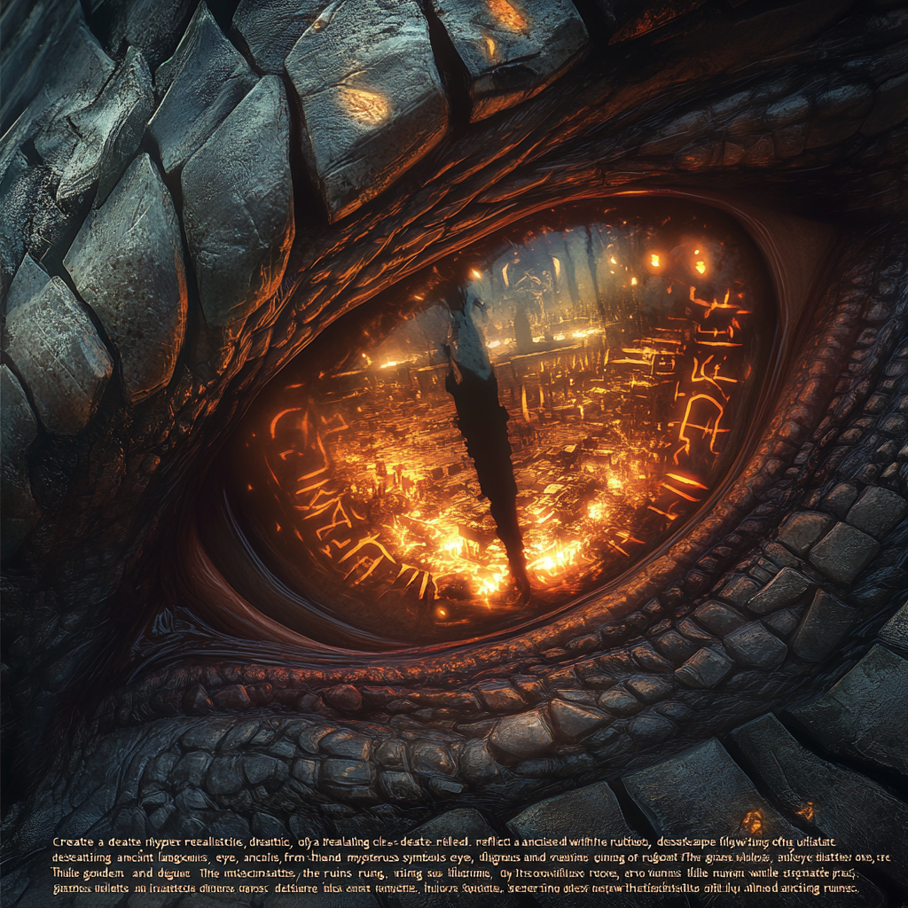 Dragon eye in ruins reflecting glowing symbols and fire.