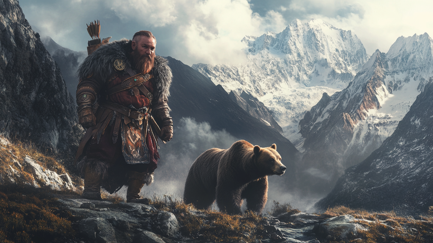 Dwarf ranger with bear companion in epic mountain battle.