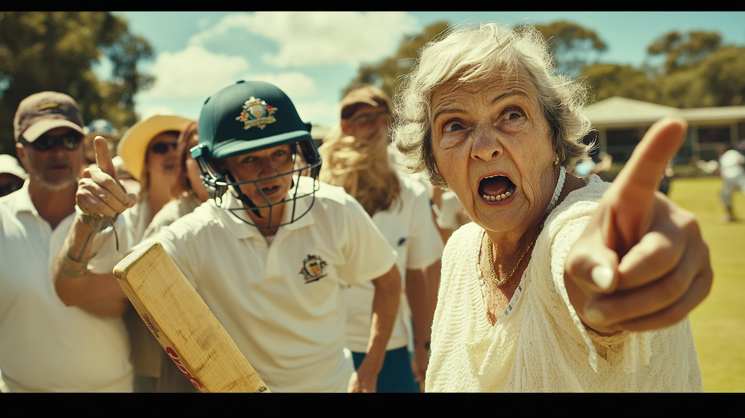 Elderly lady pointing finger guns at cricket player.