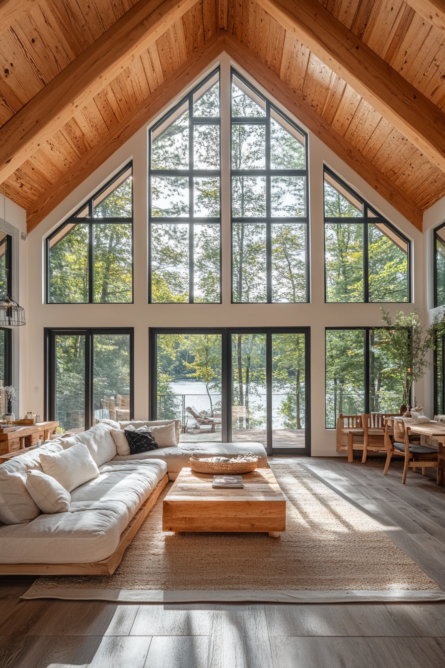 Elegant, spacious cabin with high ceilings and minimal decor.