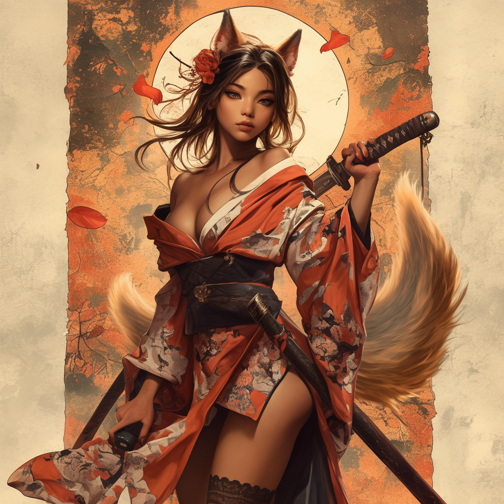 Elegant Kitsune in silk kimono wields katana, oil painting.