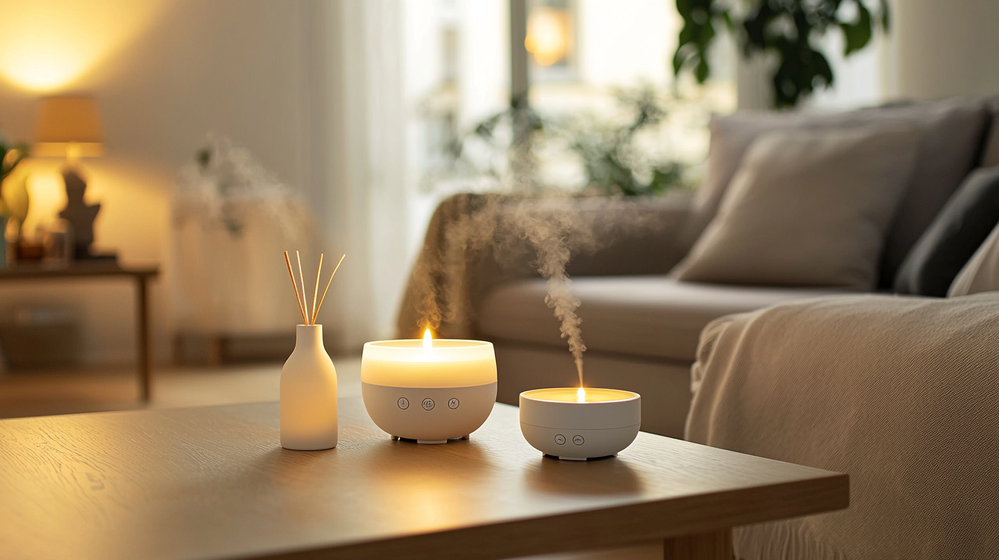 Elegant fragrance diffusers and candles create cozy home atmosphere.