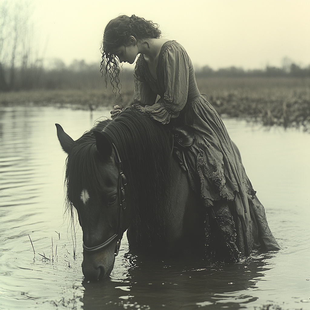 Elegant woman riding horse through water, touching heads. White background.