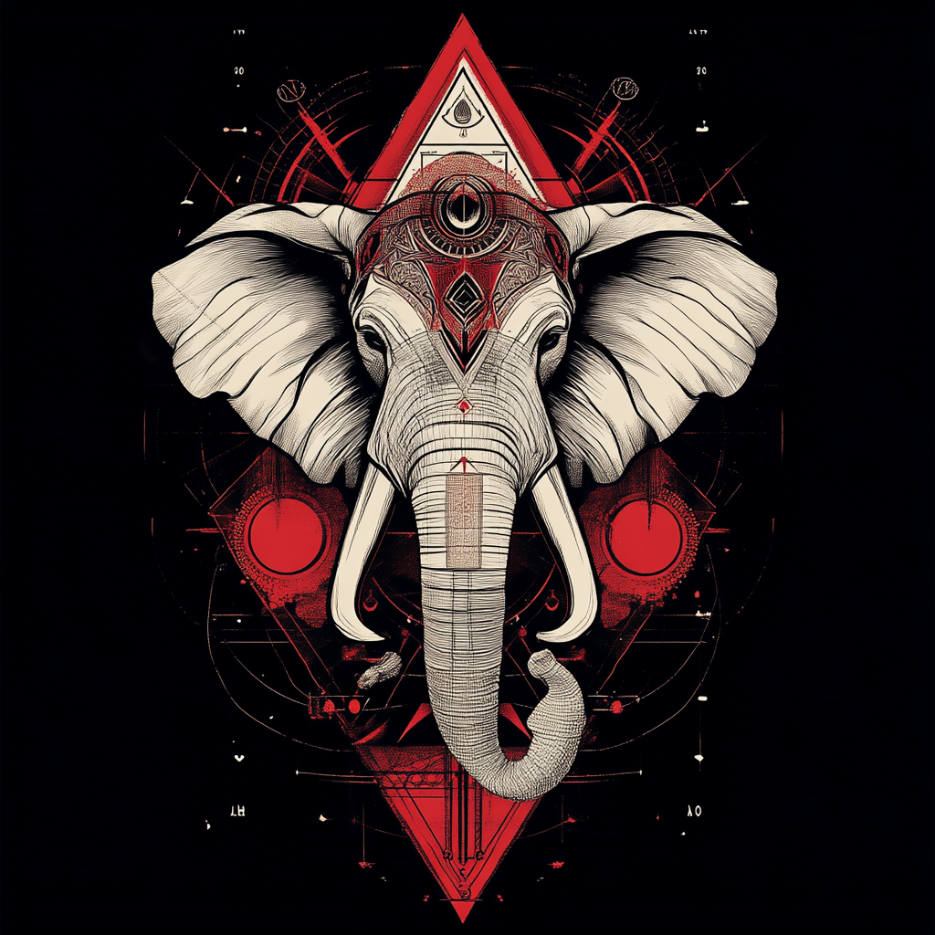 Elephant and pyramid symbols in detailed T-shirt design.