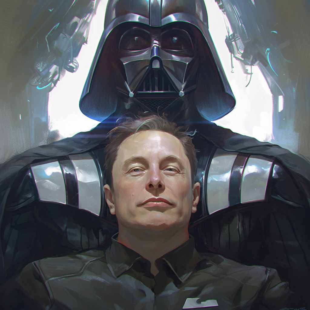 Elon Musk trapped in Vader suit, guarding wealth. Cyberpunk.