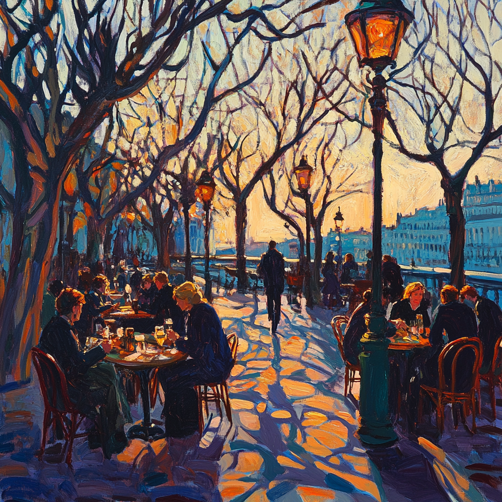 Erin Hanson painting, Paris scene, electric blue, terracotta.