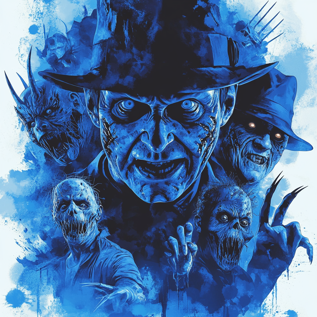 Evolution of Freddy Krueger with glowing blue filter.