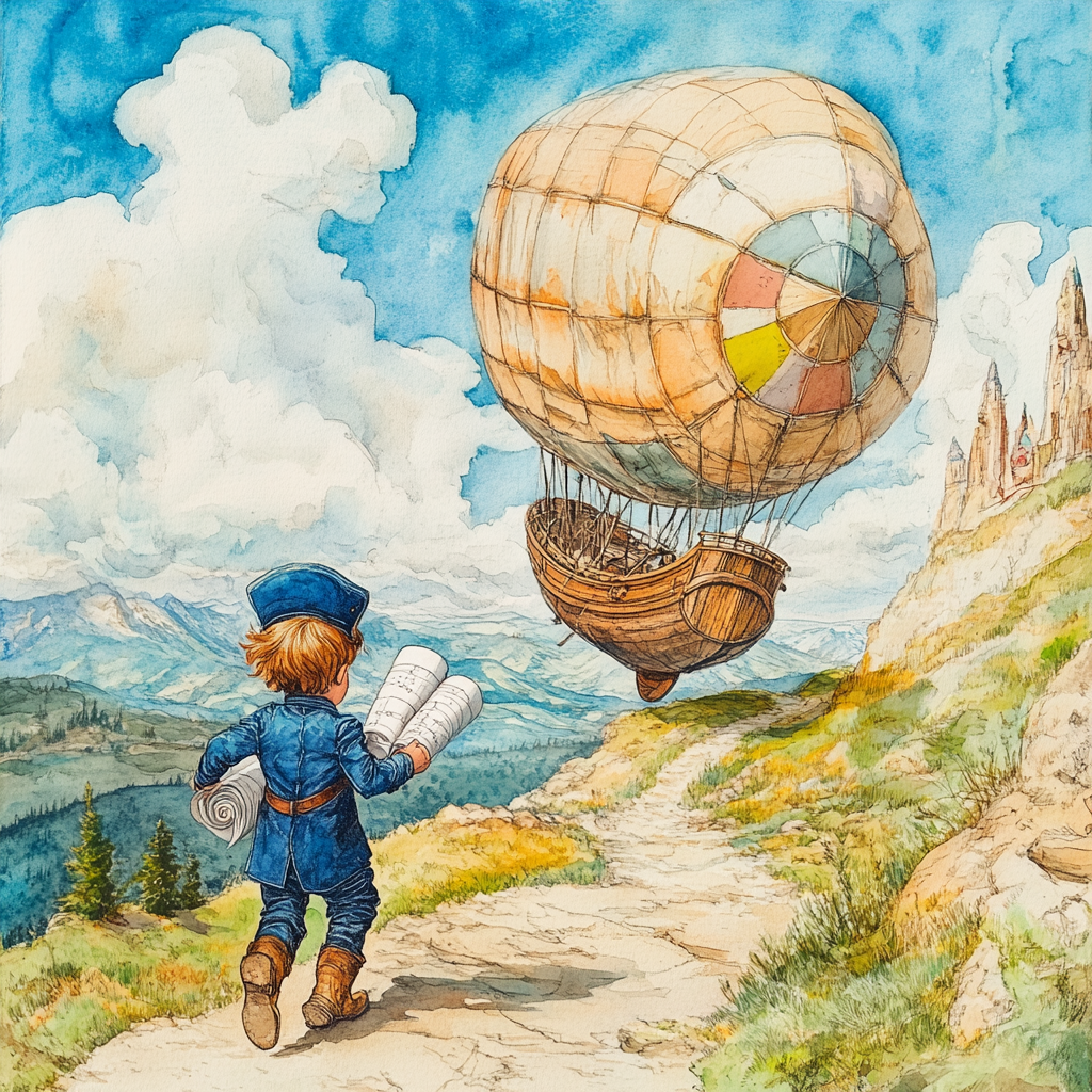 Excited boy in old-timey outfit rushing to airship.