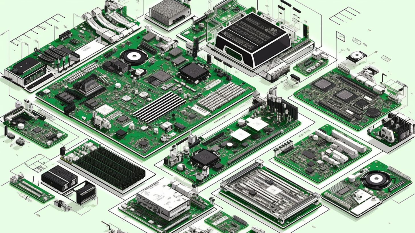 Exploded view of electronic device components with details.