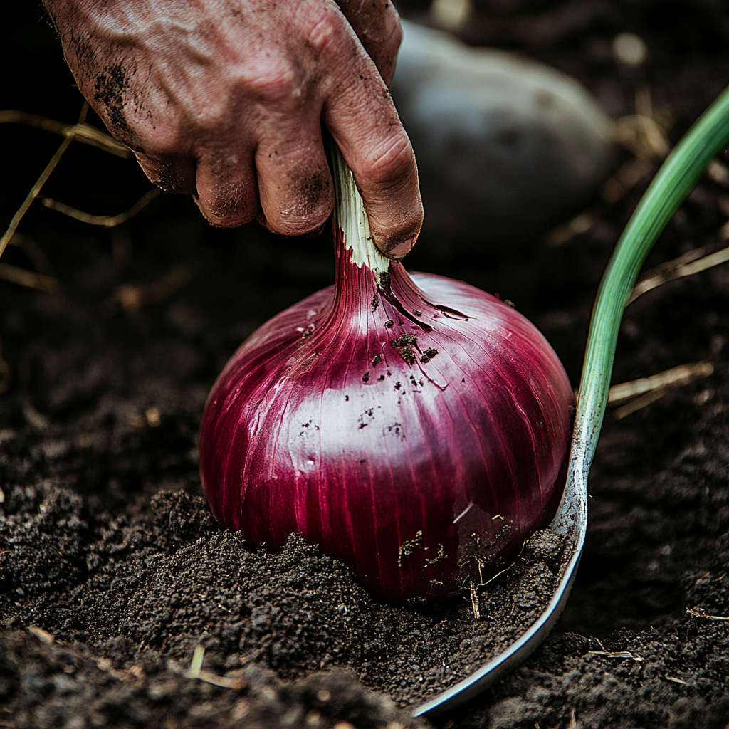 Farmer removes soil around big red onion with spoon.