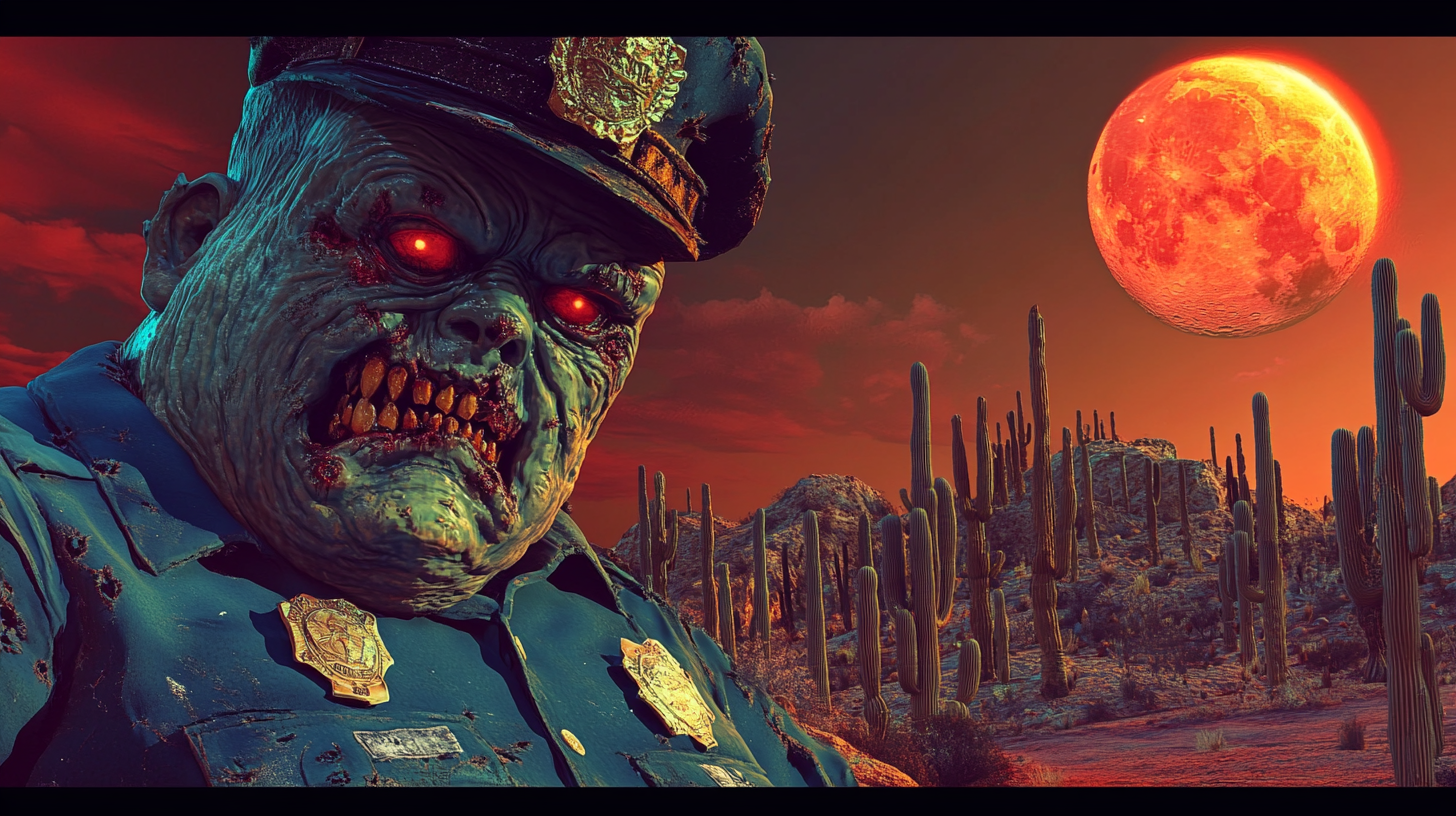 Fat zombie cop, cactus desert, red moon, vibrant colors.