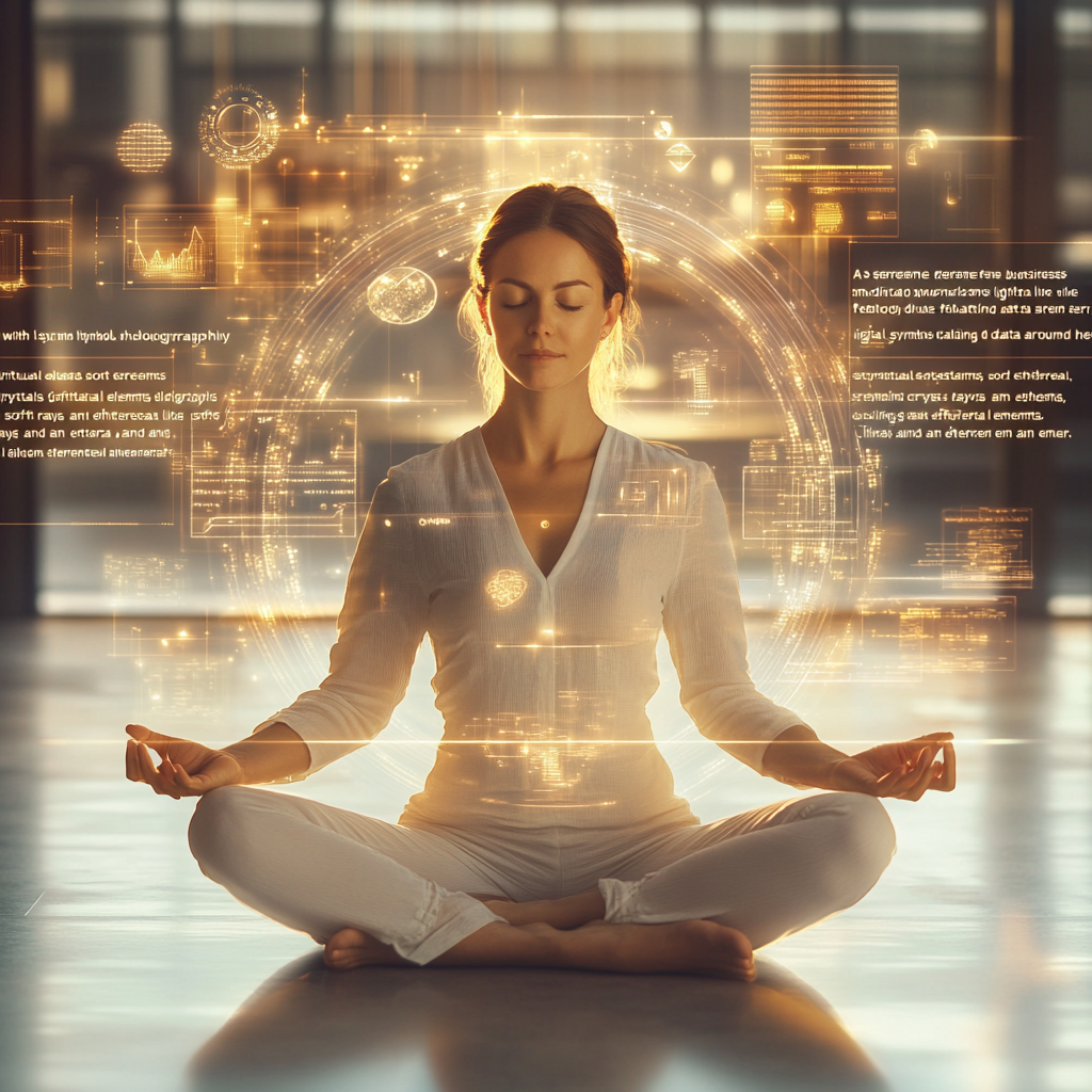 Female entrepreneur meditating surrounded by technology and spirituality.