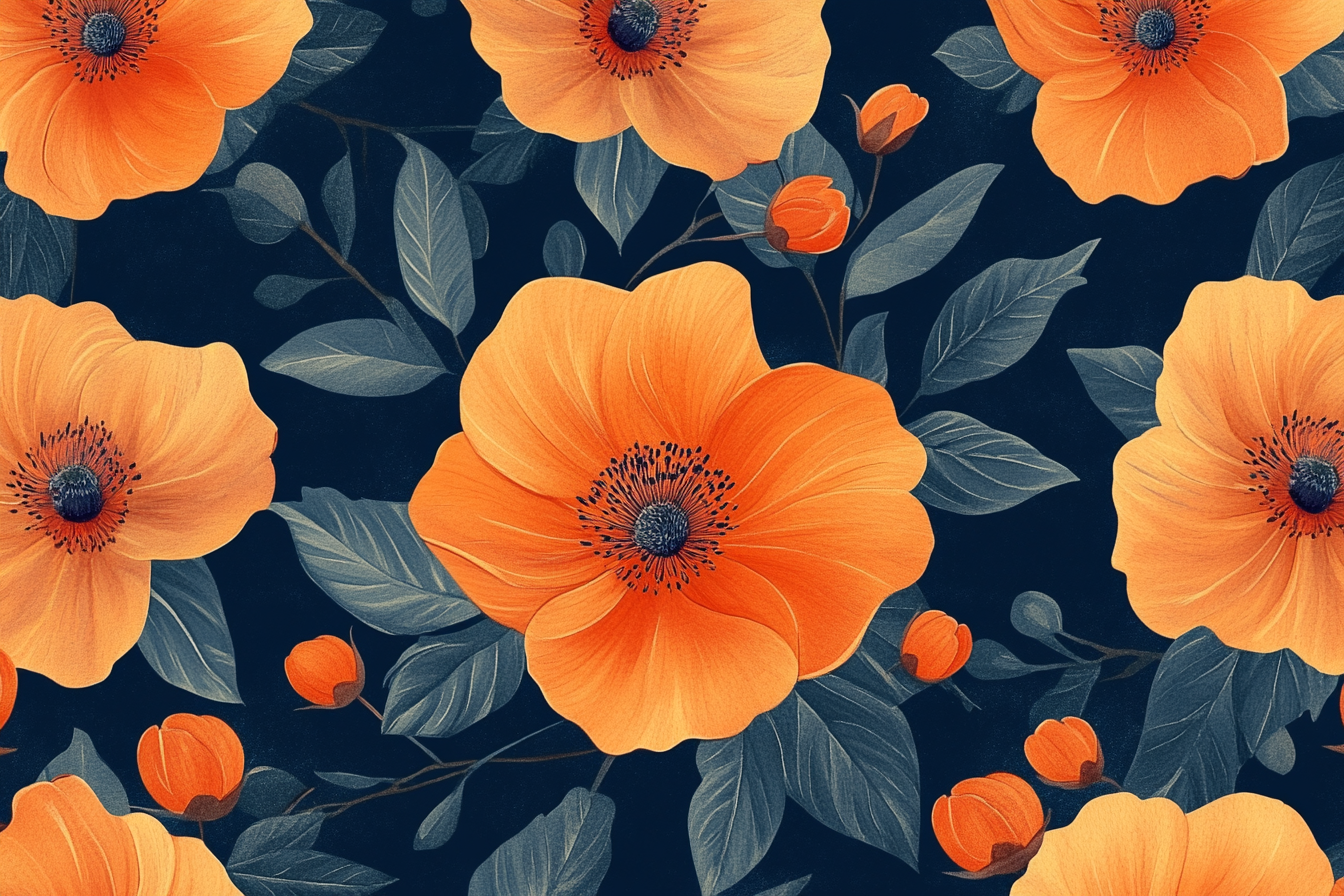 Floral pattern with large orange flowers on blue background.