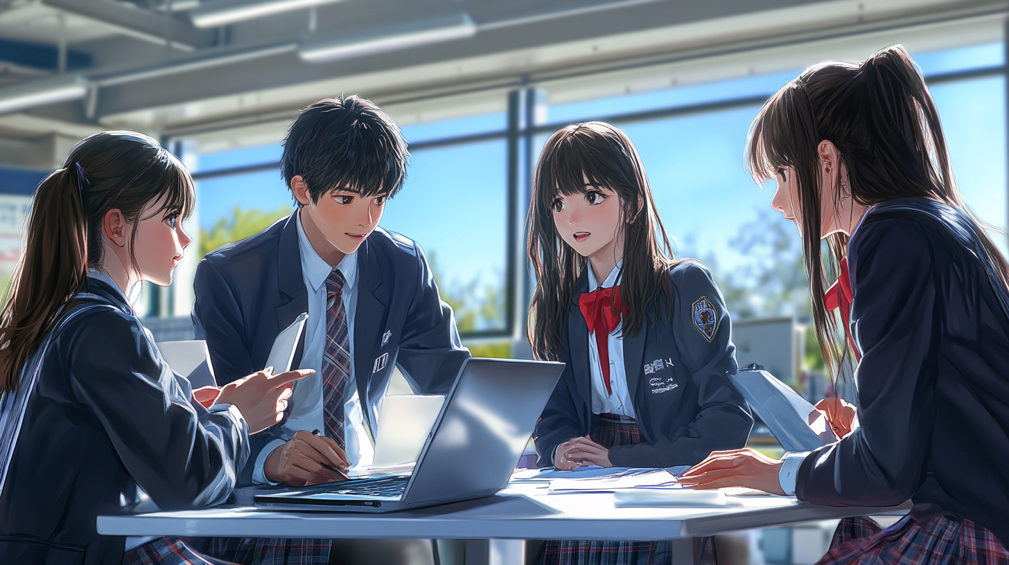 Four Japanese high school students in uniforms discussing project