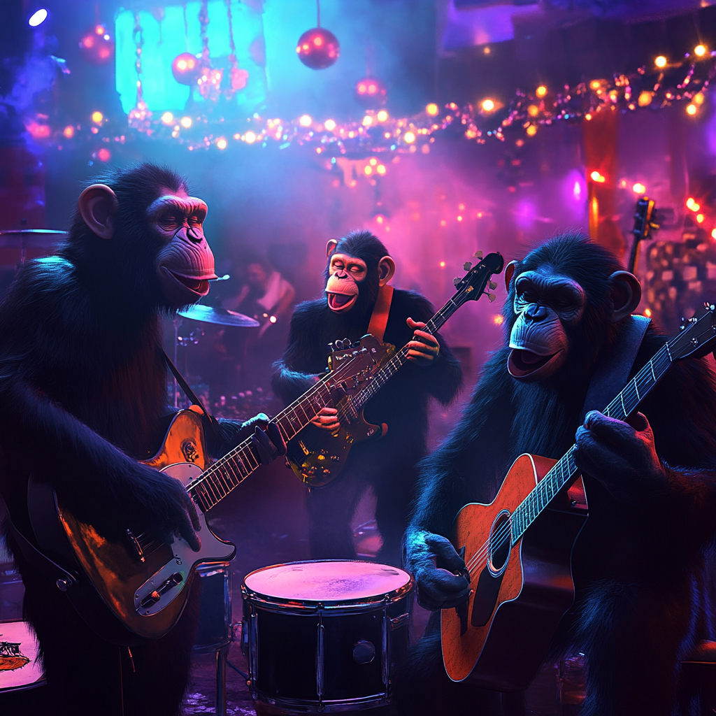 Four chimps rock band performing on colorful stage.