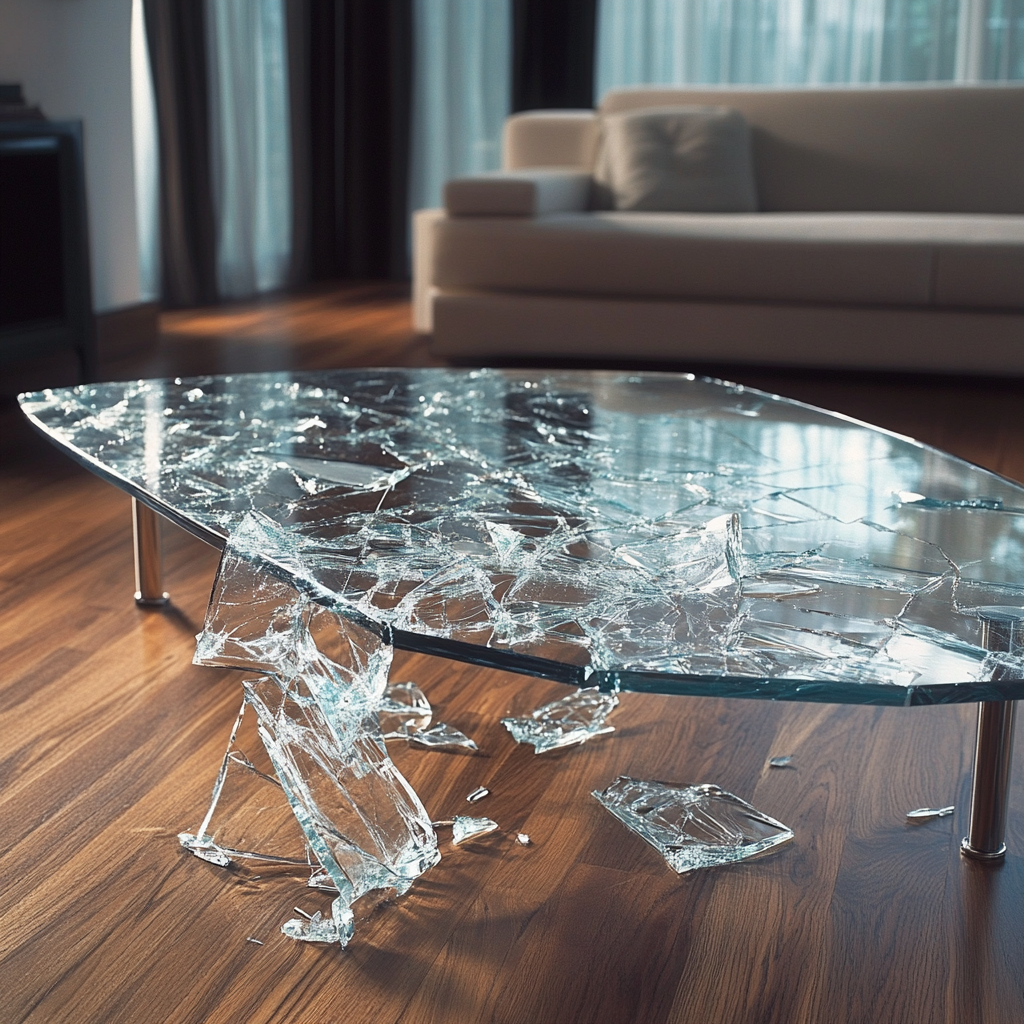 Fragments of glass spread out on wooden floor.