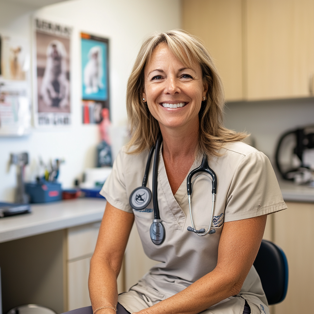 Friendly, professional veterinarian woman in modern, well-lit office.