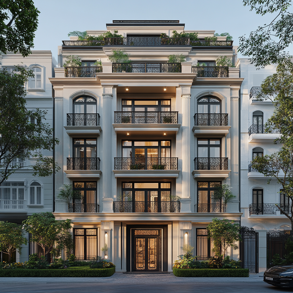 Front view of classical building with plants and balconies.