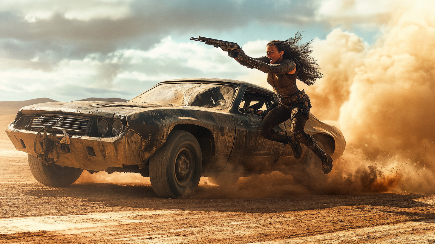 Furiosa in 20s with shotgun jumping from armored vehicle.