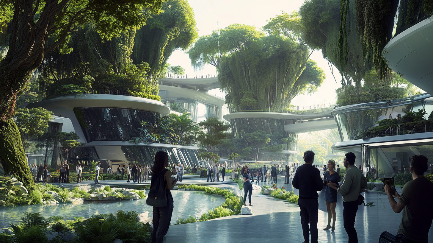 Futuristic nature city with eco-buildings and diverse communities.